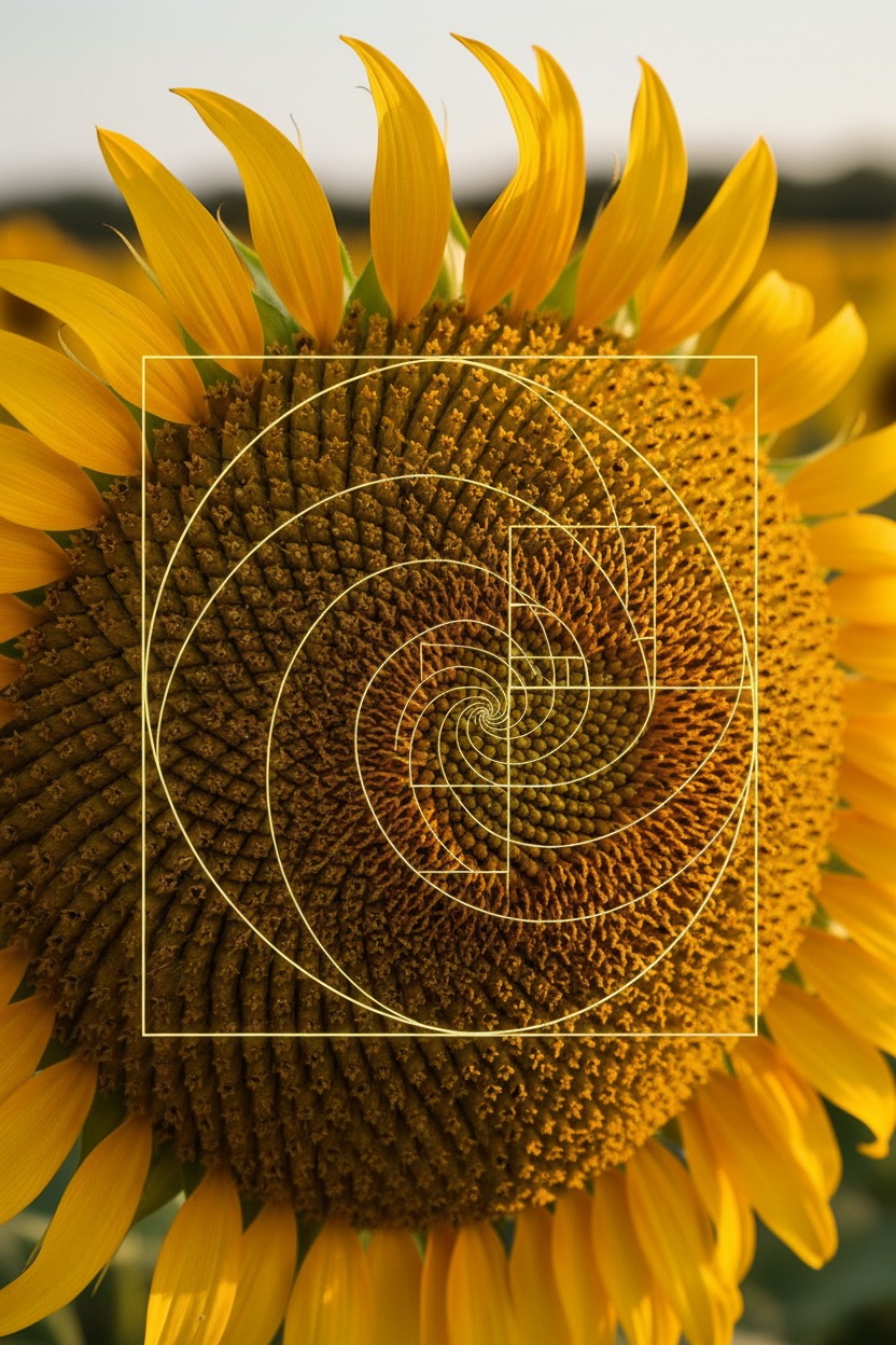Eine Sonnenblume im Nahbereich, auf deren Blütenmitte die goldene Spirale als feines Linienmuster eingezeichnet ist.
